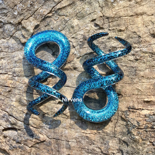 1 Pair (2 Pieces) Aqua Blue Dichroic Glass Cork Screw Spirals
