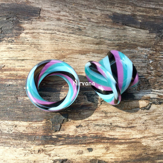 1 Pair (2 Pieces) Black, Mauve, Aqua & Sky Blue Twist Tunnels Pyrex Glass