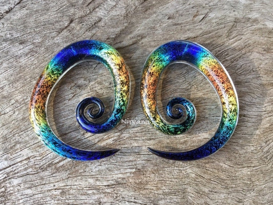 1 Pair (2 pieces) Aquatic Rainbow Dichroic Glass Tear Drop Spirals