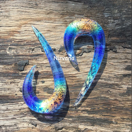 1 Pair (2 Pieces) Translucent Rainbow Dichroic with Translucent Light Cobalt Glass Fish Hook Spirals