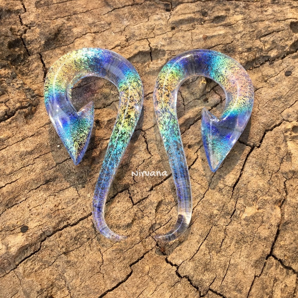1 Pair (2 Pieces) Translucent Rainbow Dichroic with Translucent Light Blue Glass South Pacific Islands Tribal Fish Hooks