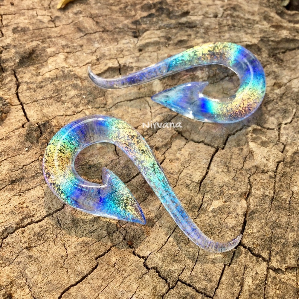 1 Pair (2 Pieces) Translucent Rainbow Dichroic with Translucent Light Blue Glass South Pacific Islands Tribal Fish Hooks