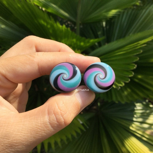 1 Pair (2 Pieces) Black, Mauve, Aqua & Sky Blue Candy Spiral Glass Plugs