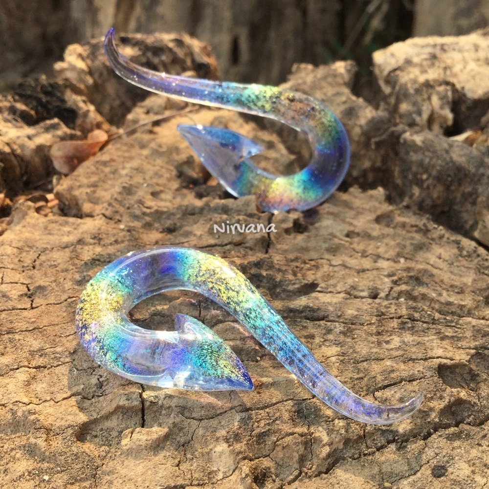 1 Pair (2 Pieces) Translucent Rainbow Dichroic with Translucent Light Blue Glass South Pacific Islands Tribal Fish Hooks