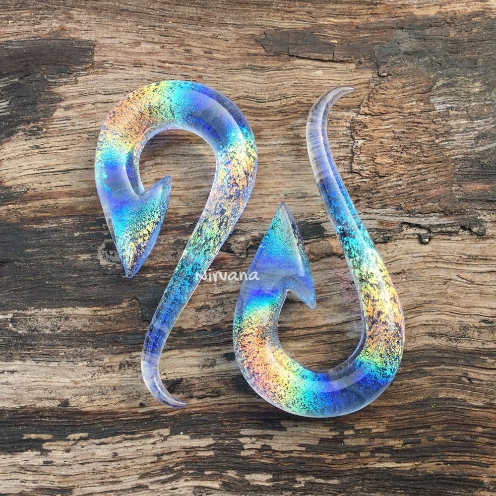 1 Pair (2 Pieces) Translucent Rainbow Dichroic with Translucent Light Blue Glass South Pacific Islands Tribal Fish Hooks