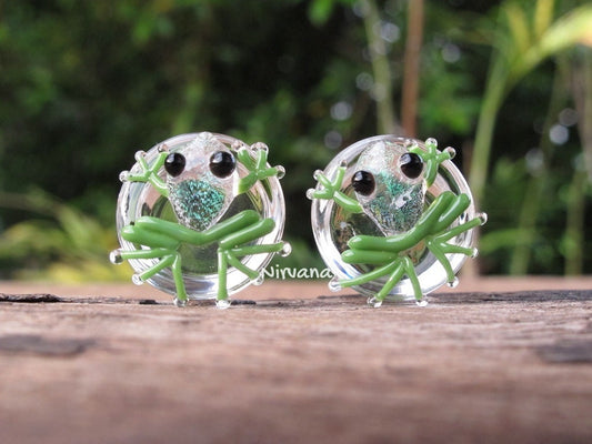 1 Pair (2 Pieces) Dichroic Tranlucent Green Poison Tree Frog Plugs