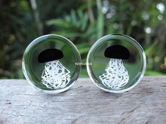 1 Pair (2 Pieces) Pyrex Glass Black Jellyfish Plugs