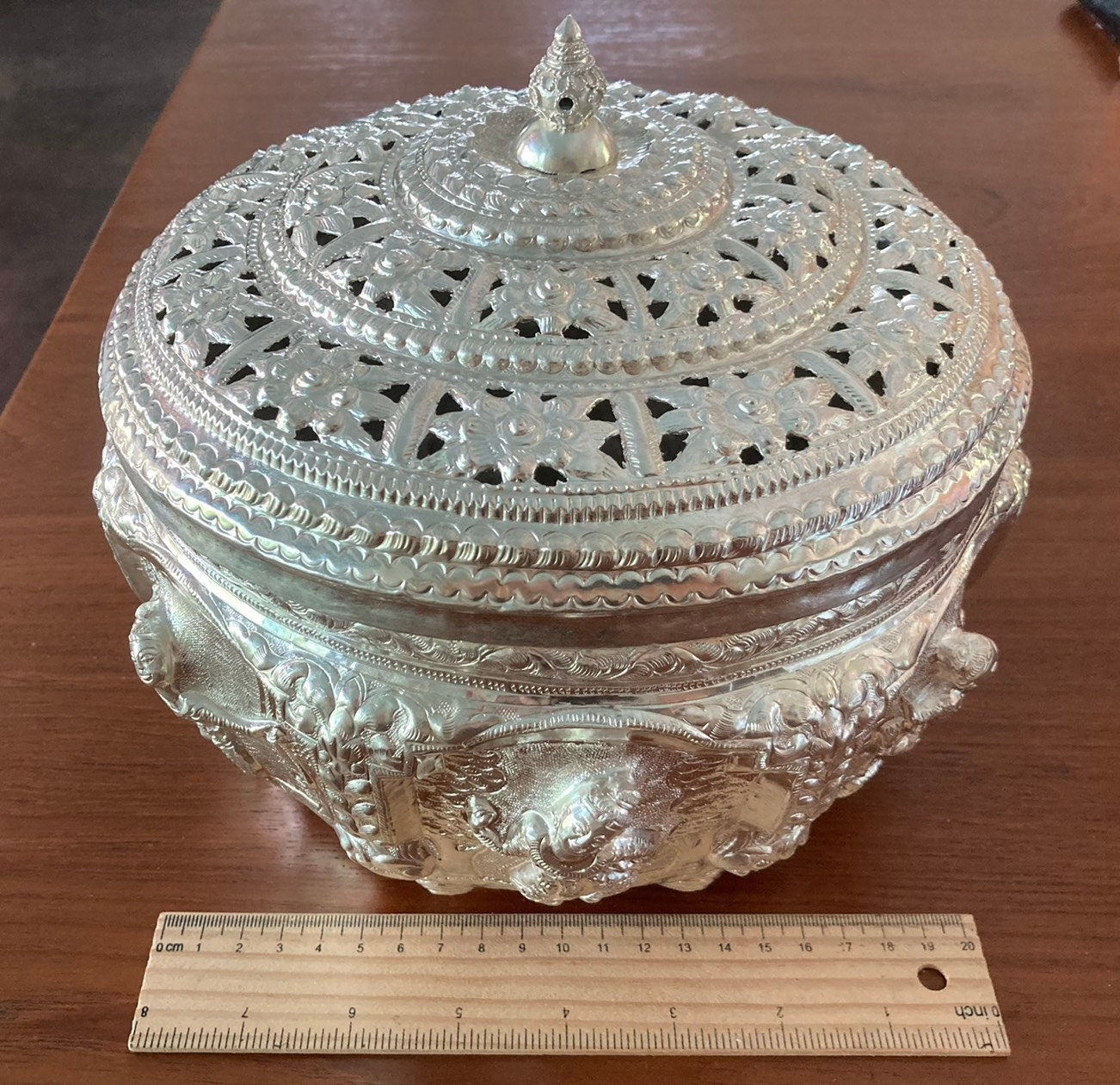Antique Silver Thai Ceremonial Bowl with a Custom Made Top by Thai National Artist In Northern Thailand