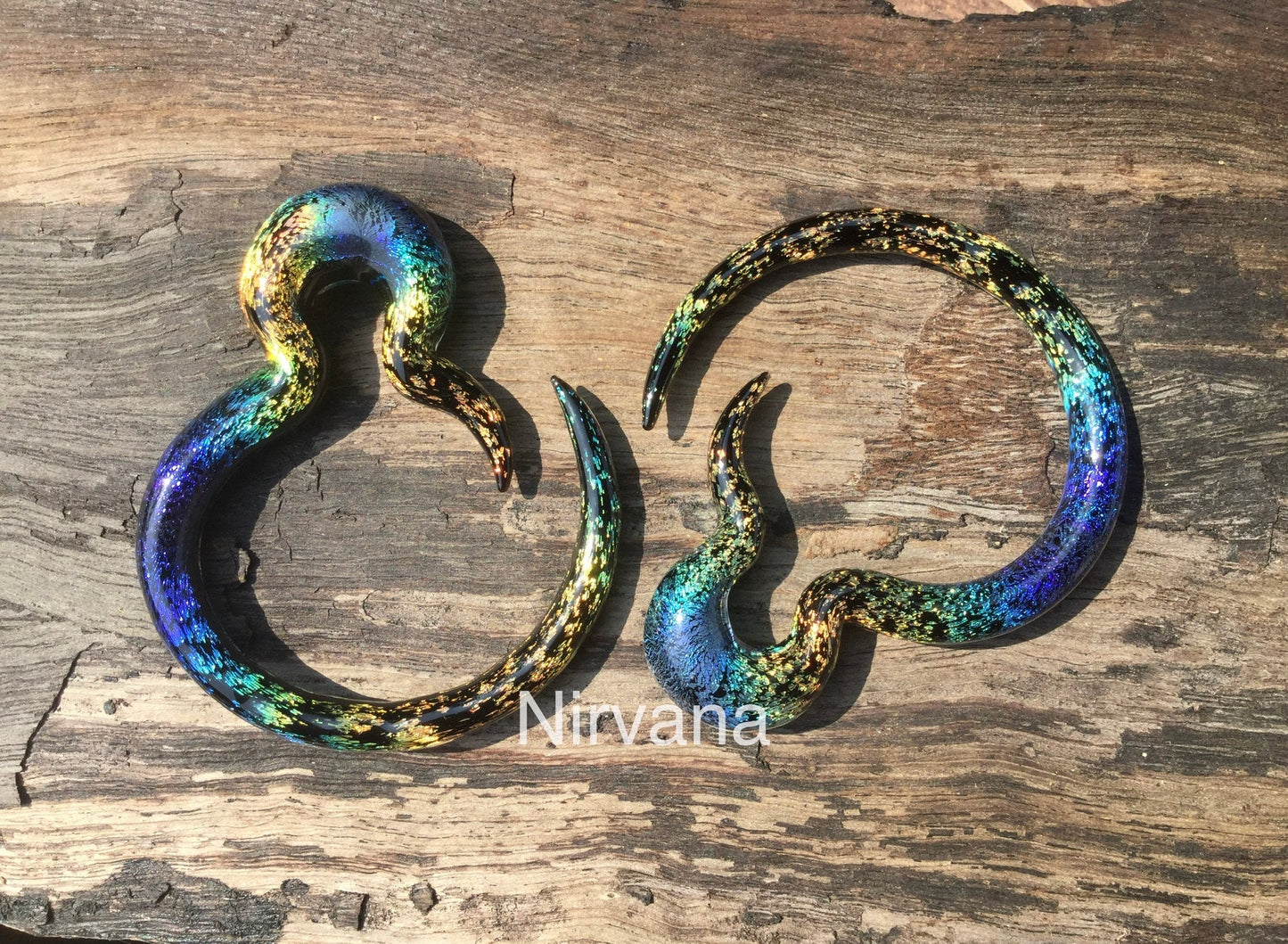 1 Pair (2 Pieces) Aquatic Rainbow Dichroic Glass Borneo Spirals