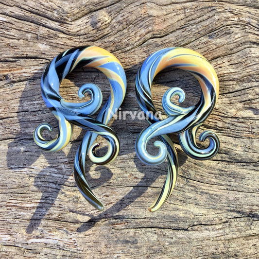 1 Pair (2 Pieces) Sky Blue, Exotic Silver & Black Free Style Bonita Glass Spirals