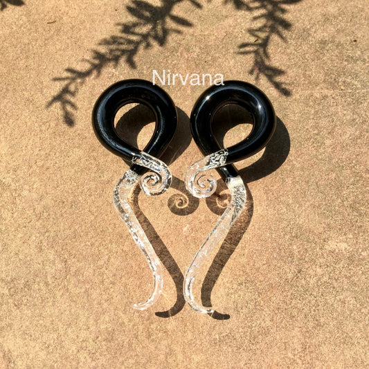 1 Pair (2 Pieces) Black & Translucent Silver Dichroic Note Spirals