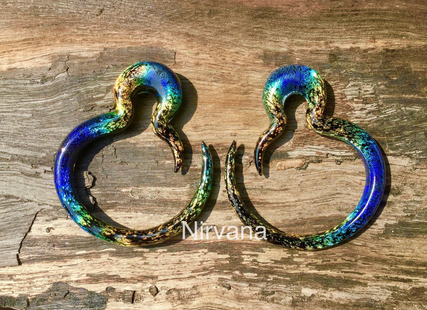 1 Pair (2 Pieces) Aquatic Rainbow Dichroic Glass Borneo Spirals