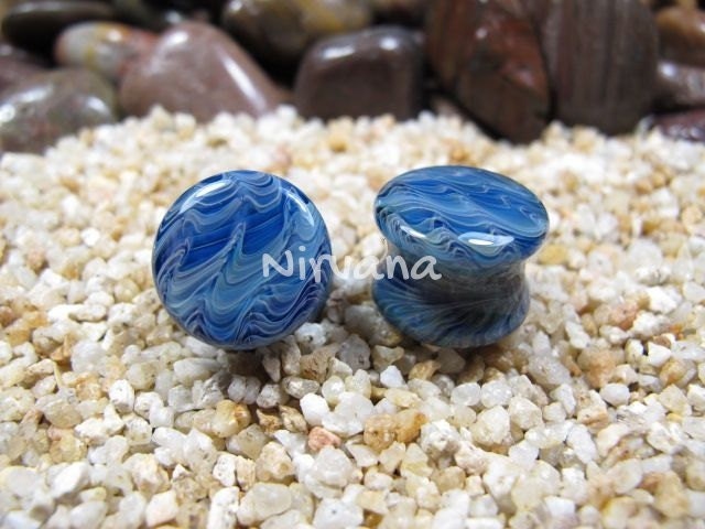 1 Pair (2 Pieces) - Exotic Dark Blue Earth Stone Plugs Pyrex Glass
