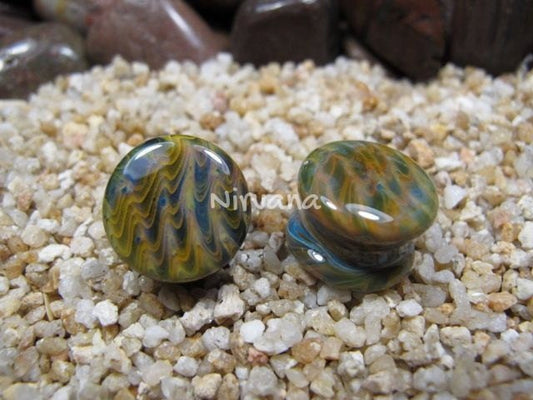 1 Pair (2 Pieces) Exotic Earth Tone Pyrex Glass Plugs Gauges