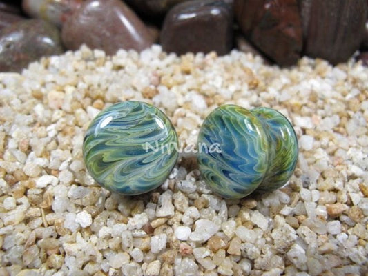 1 Pair (2 Pieces) Exotic Light Green Stone Plugs Pyrex Glass
