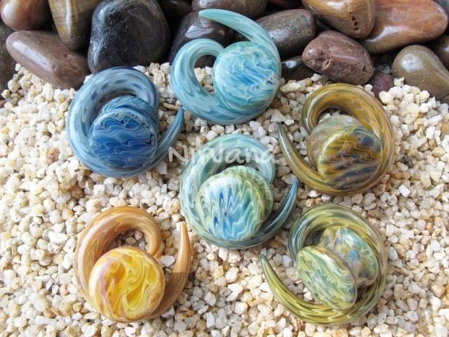 1 Pair (2 Pieces) Exotic Light Green Stone Plugs Pyrex Glass