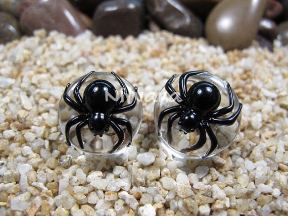 1 Pair (2 Pieces) Black Widow Spider Glass Plugs