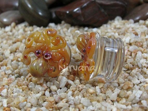 1 Pair (2 Pieces) Exotic Silver Octopus Plugs Pyrex Glass