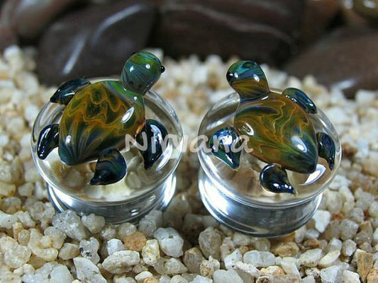 1 Pair (2 Pieces) Earth Turtles Pyrex Glass Plugs
