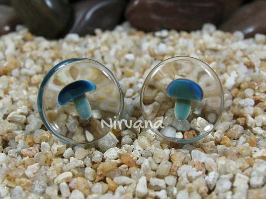 1 Pair (2 Pieces) Exotic Dark Blue Mushroom Glass Plugs