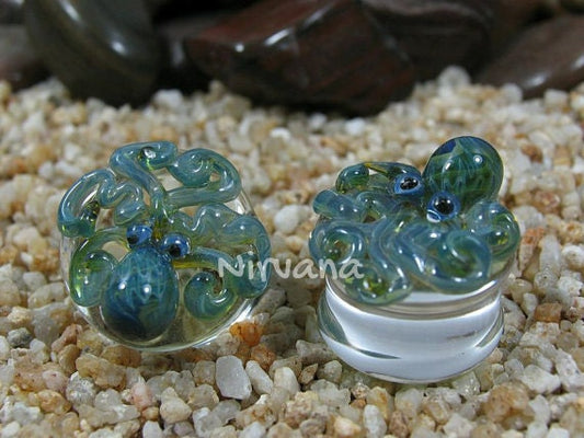 1 Pair (2 Pieces) Pyrex Glass Exotic Light Green Octopus Plugs