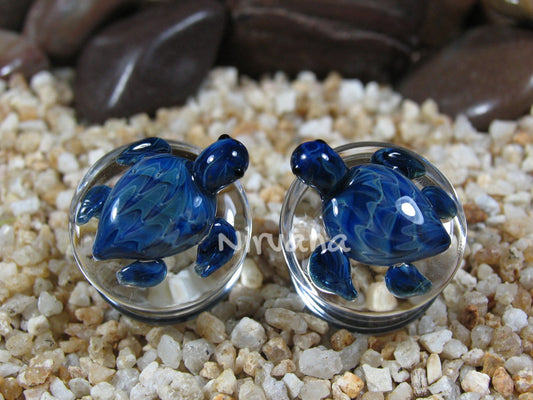 1 Pair (2 Pieces) Exotic Blue Turtle Pyrex Glass Plugs