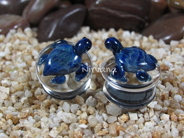 1 Pair (2 Pieces) Exotic Blue Turtle Pyrex Glass Plugs