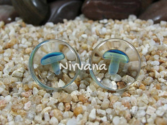 1 Pair (2 Pieces) Exotic Green Blue Mushroom Plugs Pyrex Glass