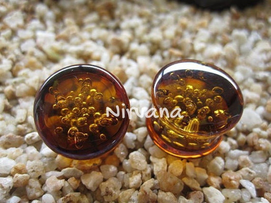 1 Pair (2 Pieces) Amber Colored Glass Bubble Plugs