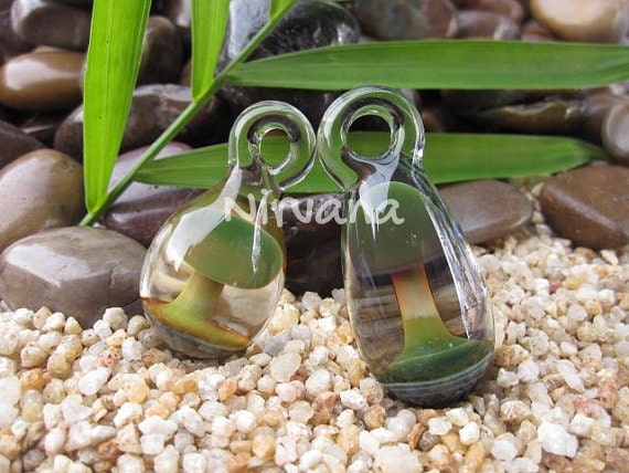 Exotic Green/Blue Hand Made Pyrex Glass Mushroom Pendant 1 Piece with Black Waxed Linen Adjustable Cord