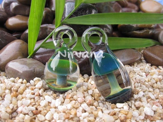 Exotic Green/Blue Hand Made Pyrex Glass Mushroom Pendant 1 Piece with Black Waxed Linen Adjustable Cord
