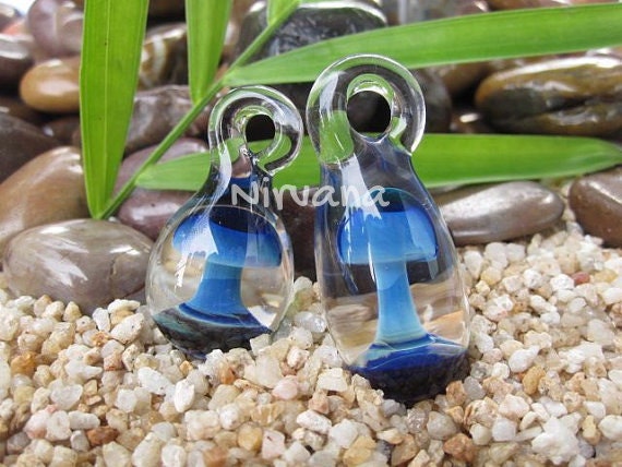 Exotic Green/Blue Hand Made Pyrex Glass Mushroom Pendant 1 Piece with Black Waxed Linen Adjustable Cord