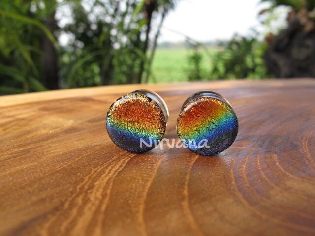 1 Pair (2 Pieces) Aquatic Rainbow Dichroic Glass Plugs