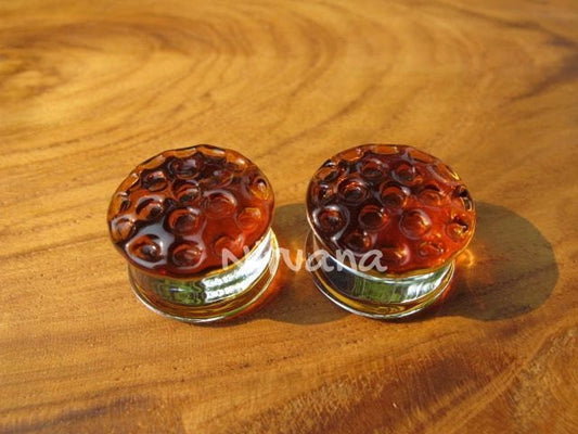 1 Pair (2 Pieces) Amber Color Glass Honey Comb Plugs