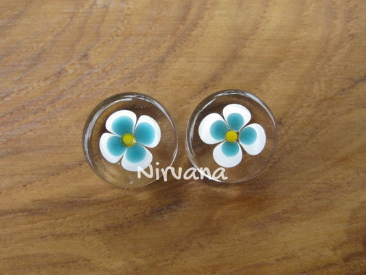 1 Pair (2 Pieces) Lucky Aqua & Yellow Flower Glass Plugs - Custom Color Combinations Available