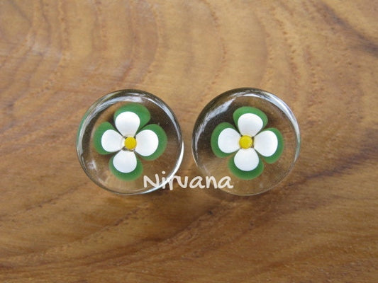 1 Pair (2 Pieces) Green Flower Glass Plugs Custom Color Combinations Available