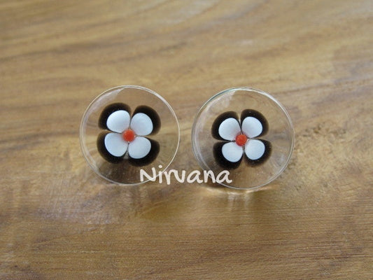 1 Pair (2 Pieces) Lucky Black & White Flower Glass Plugs - Custom Color Combinations Available