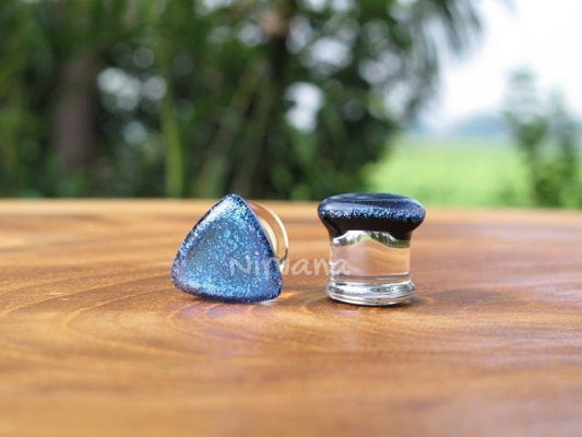 1 Pair (2 Pieces) Triangle Aqua Dichroic Glass Plugs
