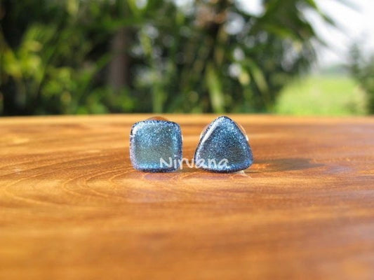 1 Pair (2 Pieces) Triangle & Square Combo Pair Aqua Dichroic Glass Plugs