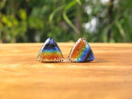1 Pair (2 Pieces) Triangle Shaped Aquatic Rainbow Dichroic Glass Plugs