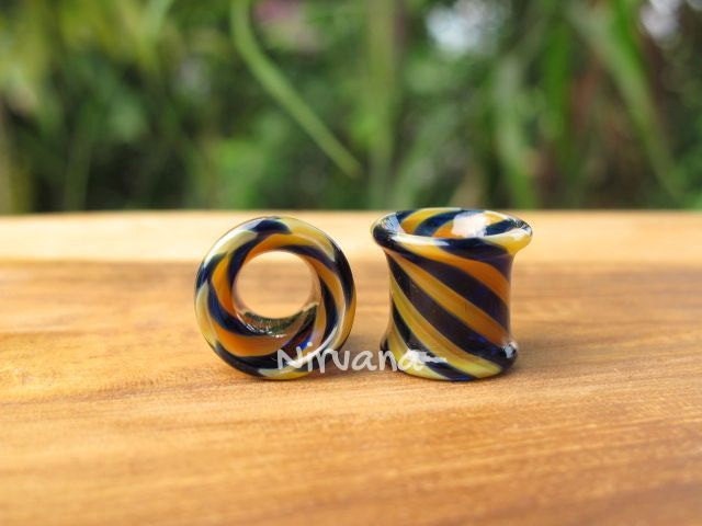 1 Pair (2 Pieces) Silver & Dark Blue Tunnels Pyrex Glass