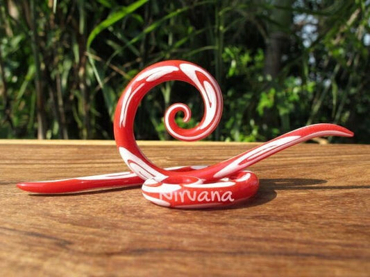 1 Pair (2 Pieces) Red & White Tribal Swirl Pattern Thai Super Spirals Glass