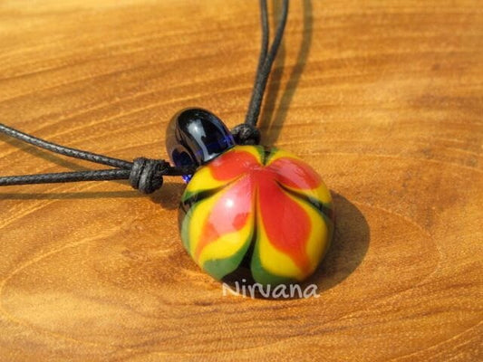 1 Piece - Groovy Rasta Flower Pendant in Pyrex Glass With Black Waxed Linen Adjustable Cord