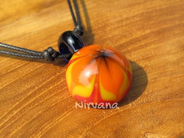 1 Piece - Groovy Fire Flower Pendant in Pyrex Glass With Black Waxed Linen Adjustable Cord