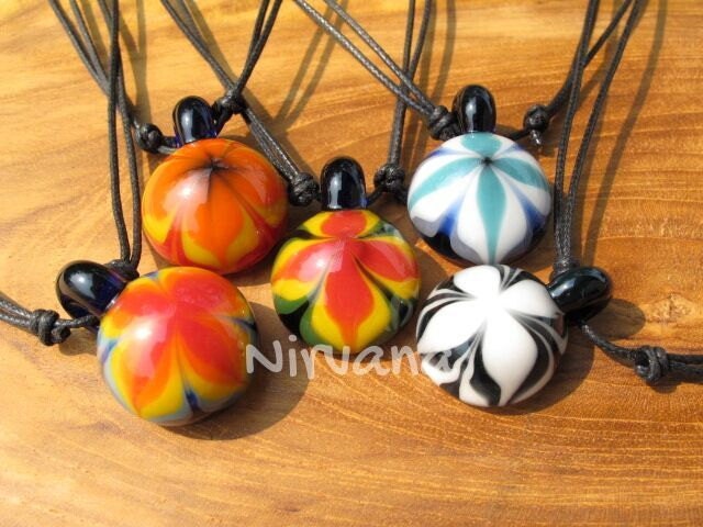 1 Piece - Groovy Fire Flower Pendant in Pyrex Glass With Black Waxed Linen Adjustable Cord