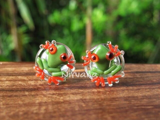 1 Pair (2 Pieces) Green with Red Legs Poison Tree Frog Glass Plugs
