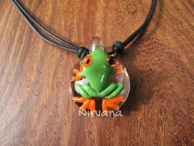 1 Piece - Custom Made Green With Orange Legs Poison Tree Frog Glass Pendant With Adjustable Black Cord