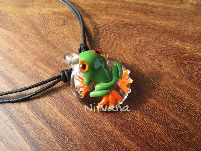 1 Piece - Custom Made Green With Orange Legs Poison Tree Frog Glass Pendant With Adjustable Black Cord