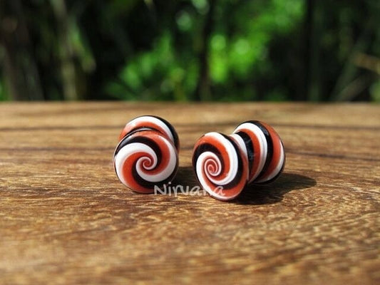 1 Pair (2 Pieces) Black, Red & White Striped Candy Spiral Glass Plugs