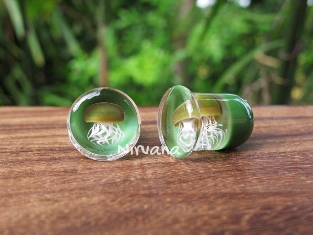 1 Pair (2 Pieces) Pyrex Glass Jellyfish Plugs Jade Green Background